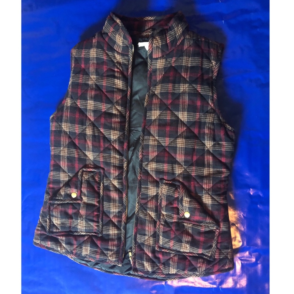Plaid Puffer Vest w Pockets Red & Yellow ZIP Up